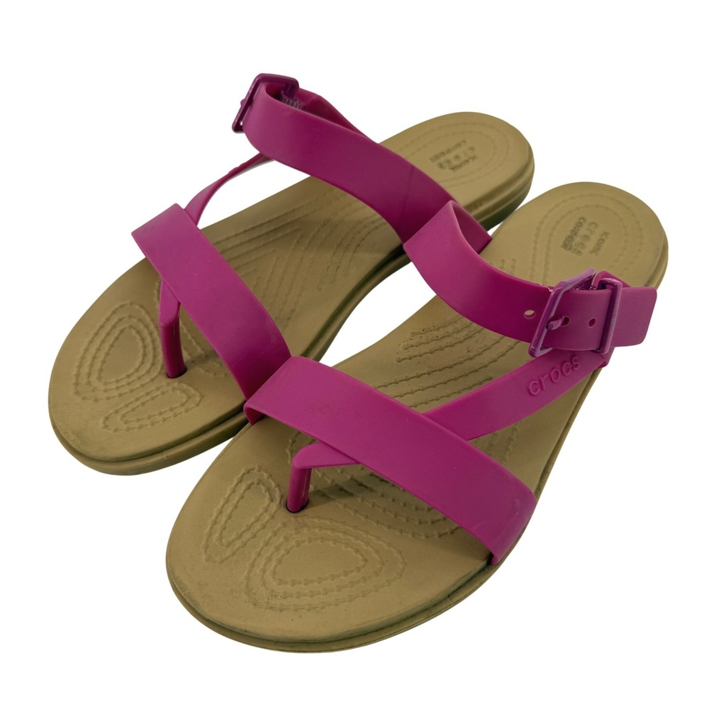 Crocs Tulum Toe Post Sandal Flip Flop Fuchsia Pink Tan Women 6 Buckle Straps
